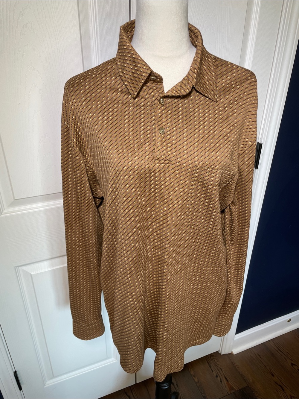 Vintage Murano Collezione Long-Sleeve Polo Shirt Brown Patterned Knit Pima Sz M